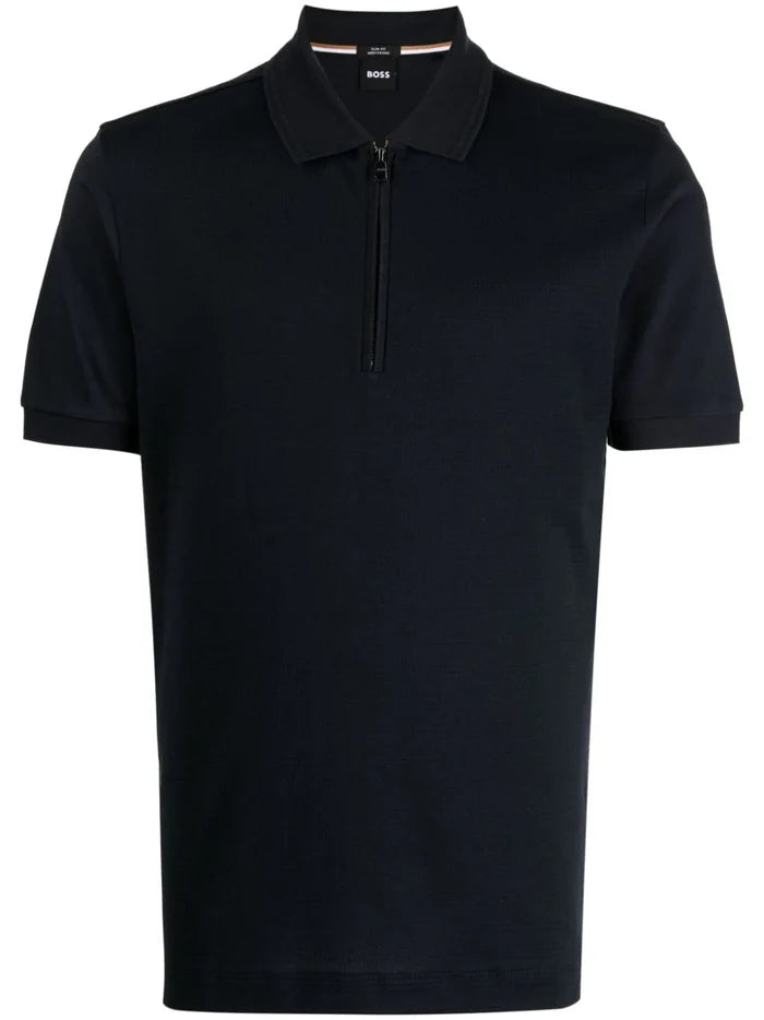 BOSS MEN Slim-fit Short-sleeved Polo Shirt Dark Blue - MAISONDEFASHION.COM