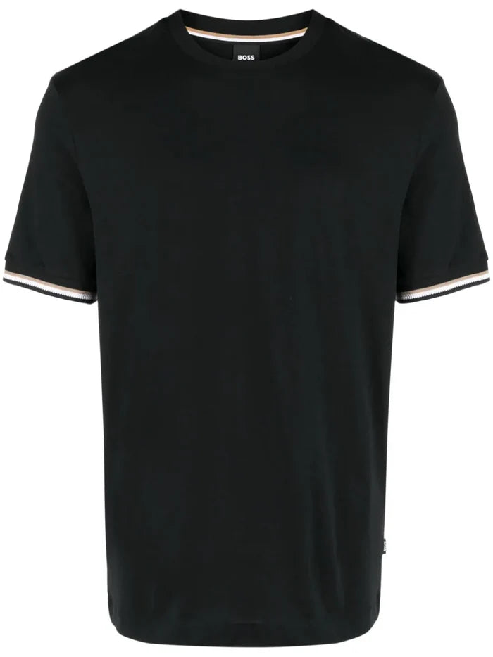 BOSS MEN Stripe-trim Cotton T-shirt Black - MAISONDEFASHION.COM