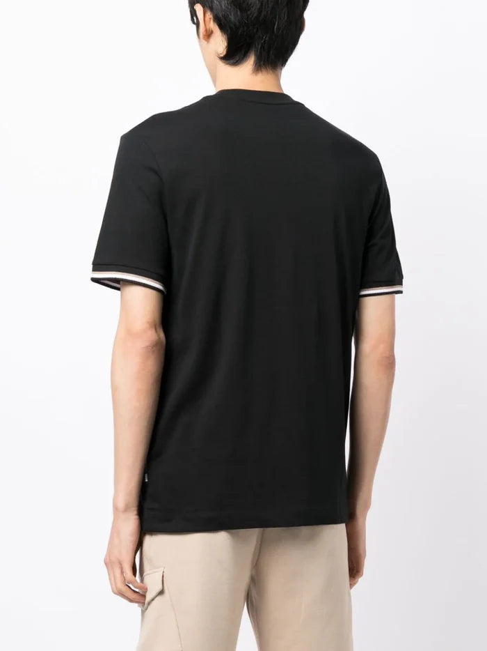 BOSS MEN Stripe-trim Cotton T-shirt Black - MAISONDEFASHION.COM