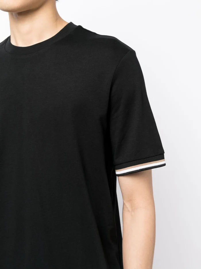 BOSS MEN Stripe-trim Cotton T-shirt Black - MAISONDEFASHION.COM