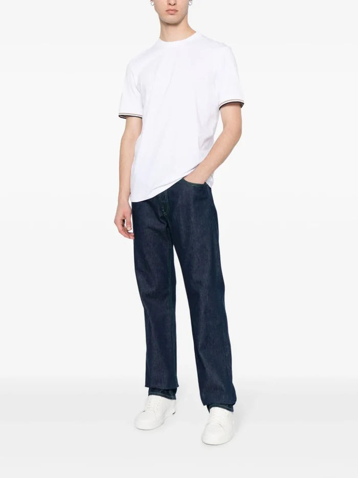 BOSS MEN Stripe-trim Cotton T-shirt White - MAISONDEFASHION.COM