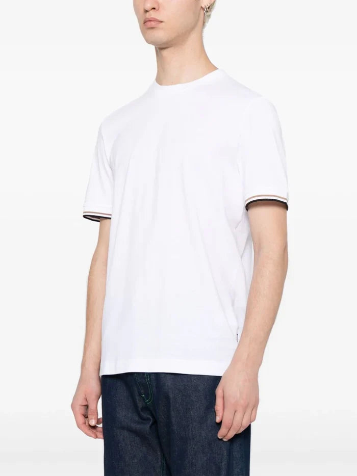 BOSS MEN Stripe-trim Cotton T-shirt White - MAISONDEFASHION.COM
