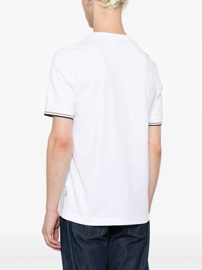 BOSS MEN Stripe-trim Cotton T-shirt White - MAISONDEFASHION.COM