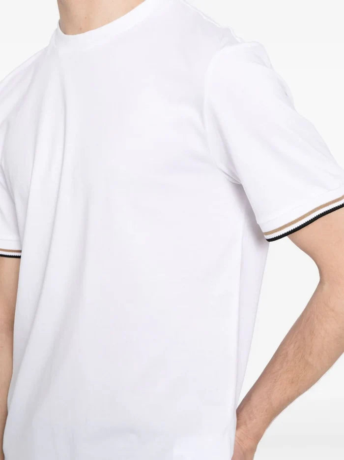 BOSS MEN Stripe-trim Cotton T-shirt White - MAISONDEFASHION.COM