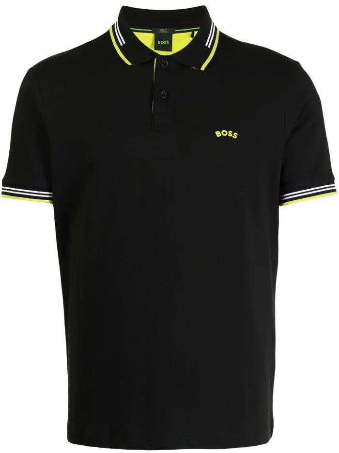 BOSS MEN Striped-trim Cotton Short-sleeved Polo Shirt Black - MAISONDEFASHION.COM