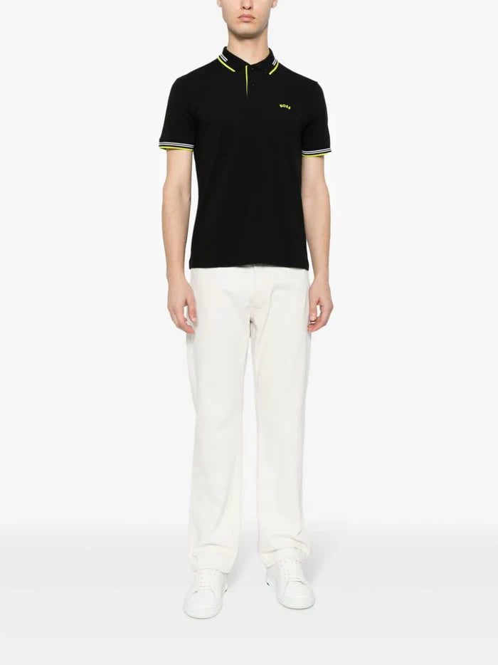 BOSS MEN Striped-trim Cotton Short-sleeved Polo Shirt Black - MAISONDEFASHION.COM