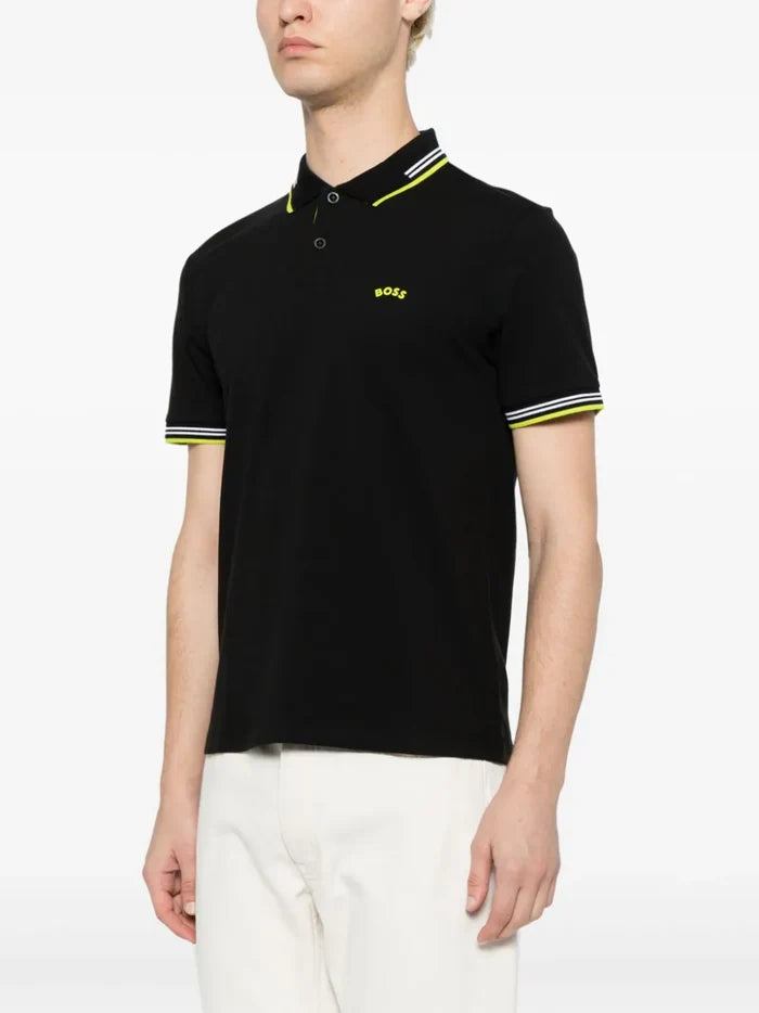 BOSS MEN Striped-trim Cotton Short-sleeved Polo Shirt Black - MAISONDEFASHION.COM
