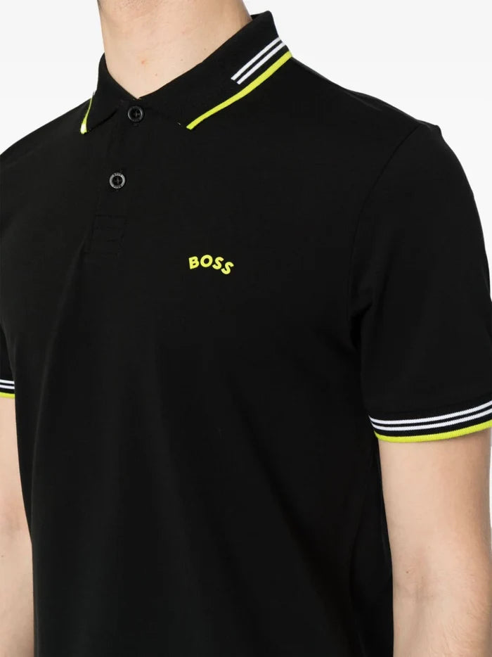 BOSS MEN Striped-trim Cotton Short-sleeved Polo Shirt Black - MAISONDEFASHION.COM