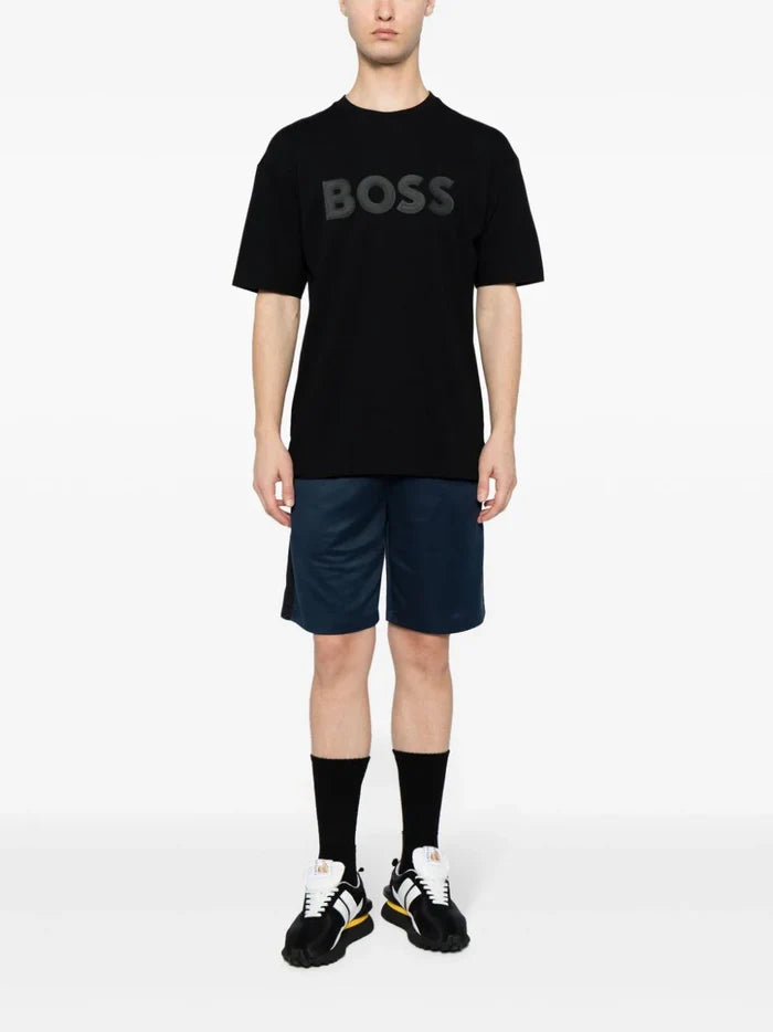 BOSS MEN Tee Lotus Short-sleeved Logo Print T-shirt Black - MAISONDEFASHION.COM