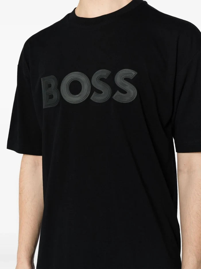 BOSS MEN Tee Lotus Short-sleeved Logo Print T-shirt Black - MAISONDEFASHION.COM