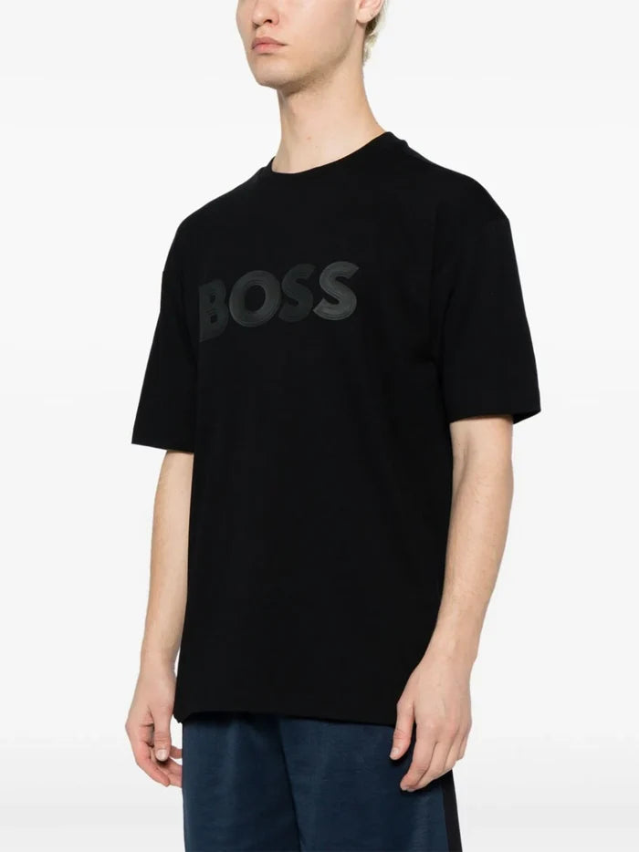 BOSS MEN Tee Lotus Short-sleeved Logo Print T-shirt Black - MAISONDEFASHION.COM
