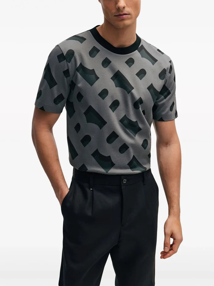 BOSS MEN Tiburt 419 Monogram Pattern Jersey T-Shirt Black - MAISONDEFASHION.COM