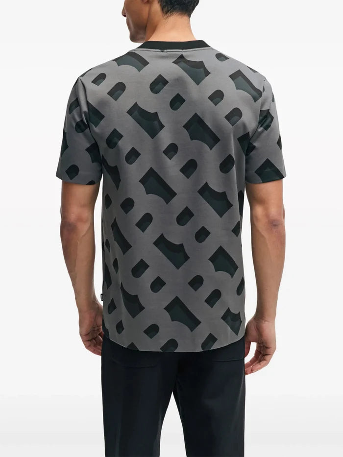 BOSS MEN Tiburt 419 Monogram Pattern Jersey T-Shirt Black - MAISONDEFASHION.COM