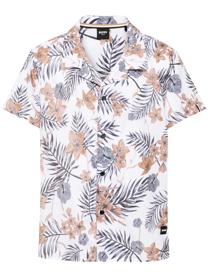 BOSS Tropical Floral-Print Beach Shirt White/Multi - MAISONDEFASHION.COM