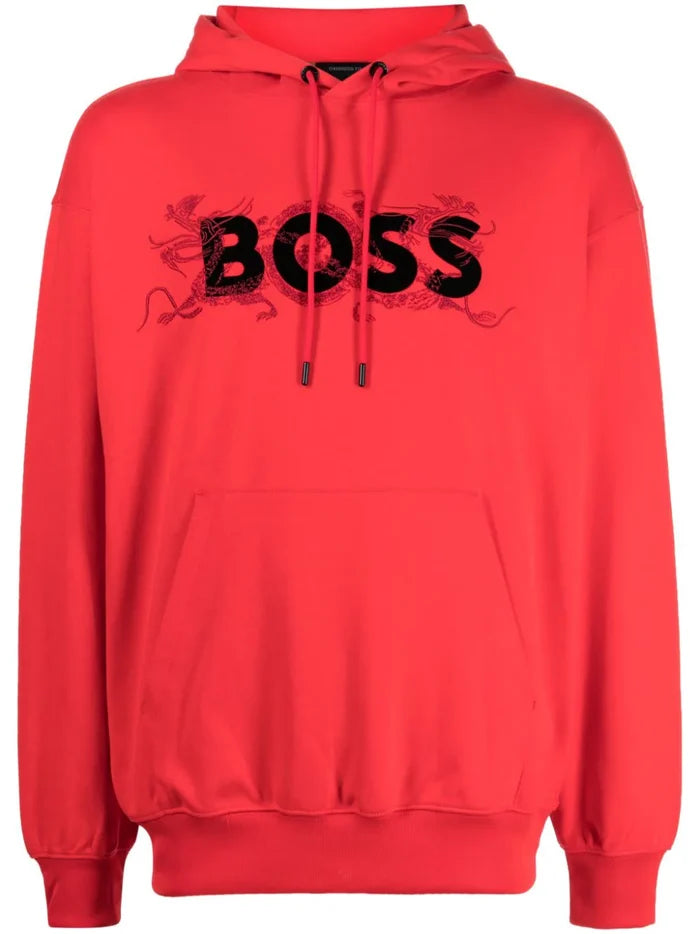 BOSS UNISEX  Logo Print Regular-Fit Sullivan Drawstring Hoodie Bright Red - MAISONDEFASHION.COM