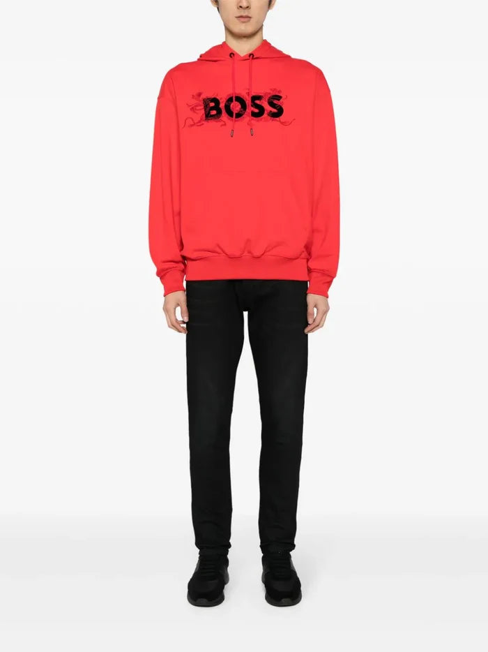 BOSS UNISEX  Logo Print Regular-Fit Sullivan Drawstring Hoodie Bright Red - MAISONDEFASHION.COM
