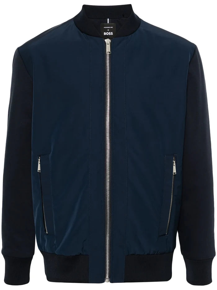 BOSS MEN X Porsche Contrasting-Fabrics Bomber Jacket Dark Blue Navy - MAISONDEFASHION.COM
