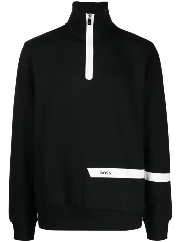 BOSS MEN Zip-neck Short-Sleeved Sweatshirt Black - MAISONDEFASHION.COM