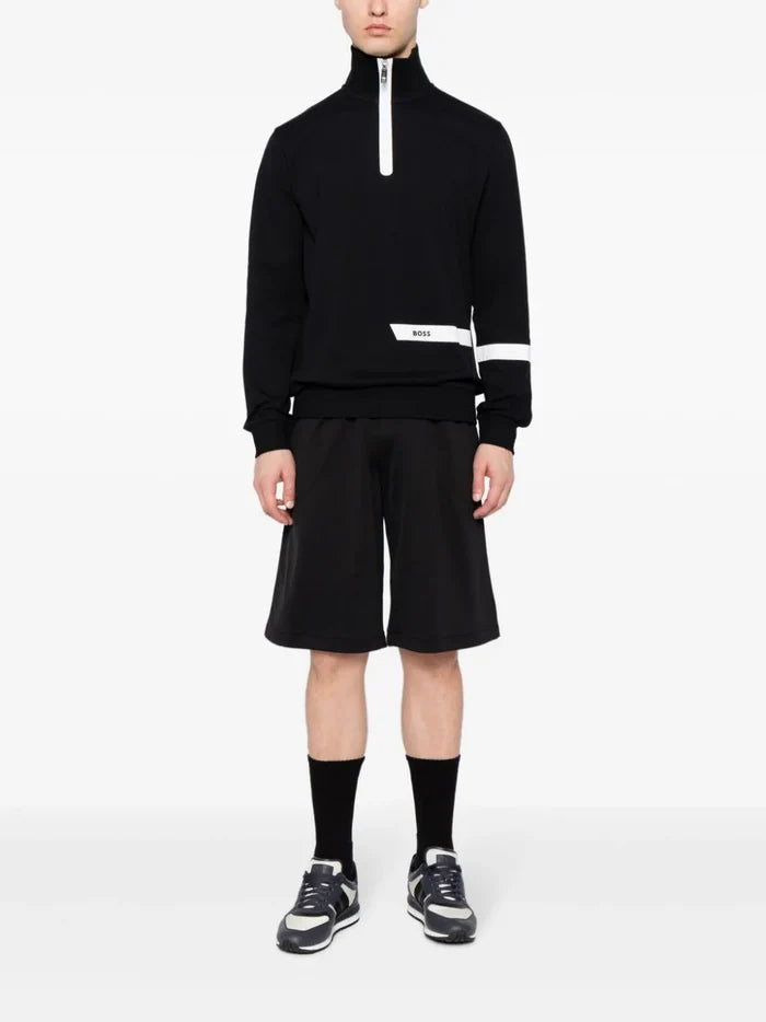 BOSS MEN Zip-neck Short-Sleeved Sweatshirt Black - MAISONDEFASHION.COM