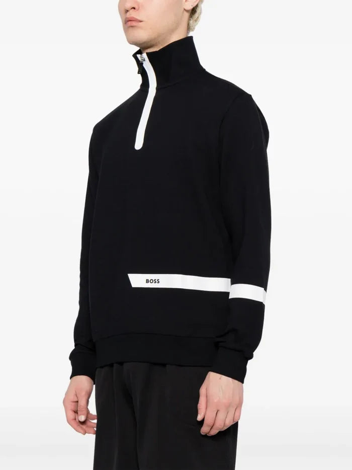 BOSS MEN Zip-neck Short-Sleeved Sweatshirt Black - MAISONDEFASHION.COM