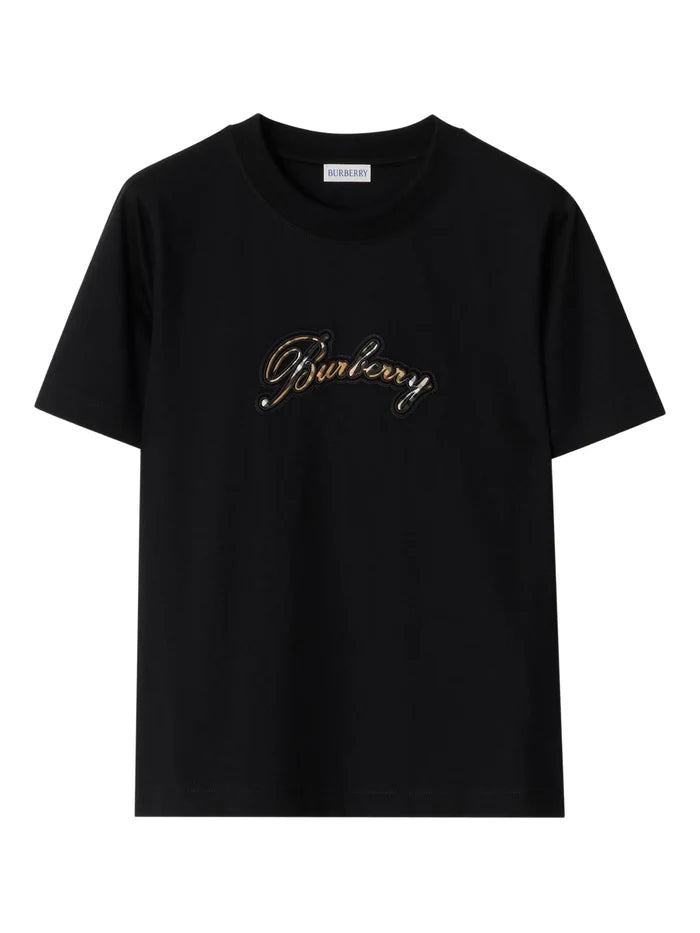 BURBERRY WOMEN Check Cursive Logo Cotton T-shirt Black - MAISONDEFASHION.COM
