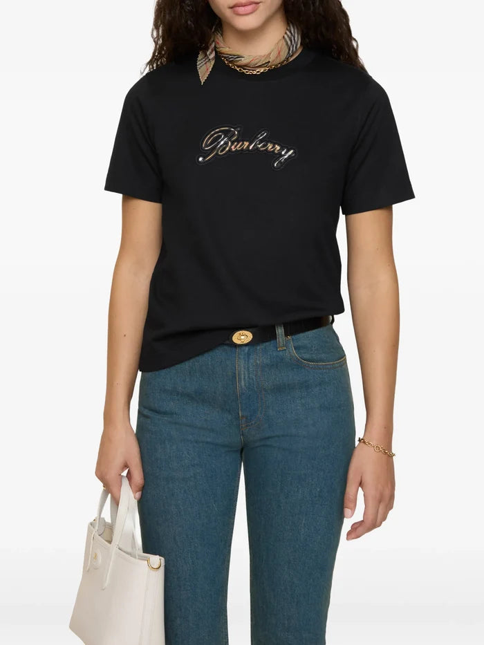 BURBERRY WOMEN Check Cursive Logo Cotton T-shirt Black - MAISONDEFASHION.COM