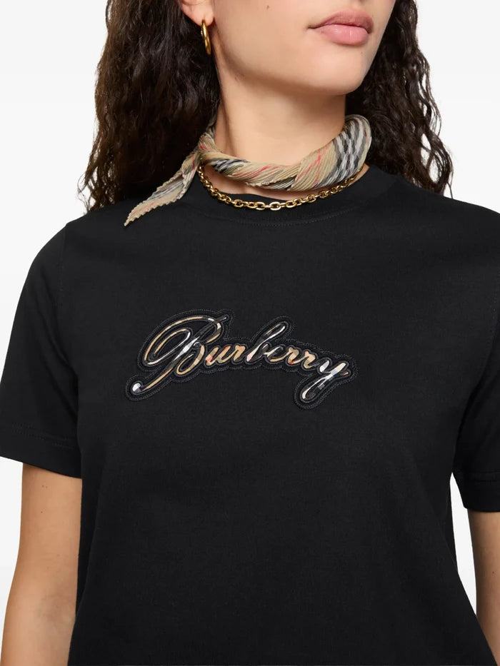 BURBERRY WOMEN Check Cursive Logo Cotton T-shirt Black - MAISONDEFASHION.COM