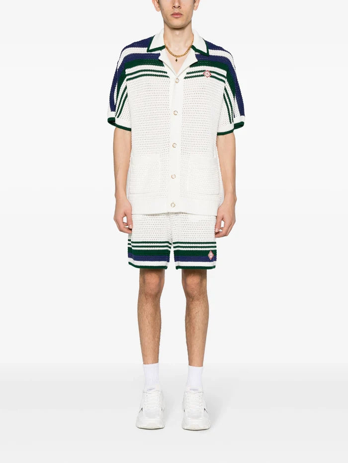 CASABLANCA MEN Crochet Effect Stripe Tennis Shorts White Green - MAISONDEFASHION.COM