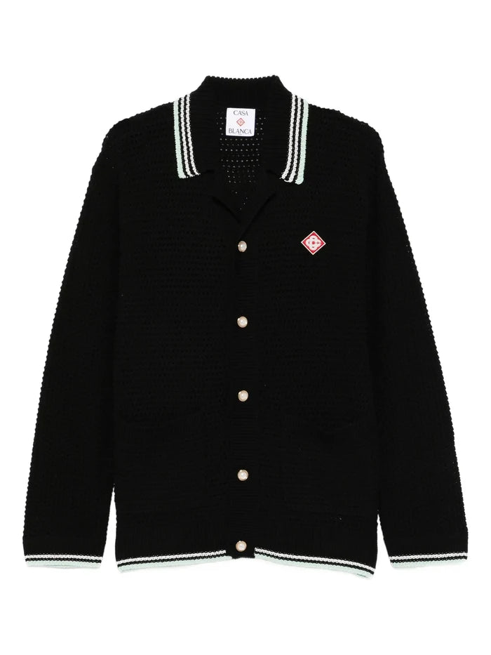 CASABLANCA Embroidered Cotton Crochet Long Sleeve Shirt Black - MAISONDEFASHION.COM