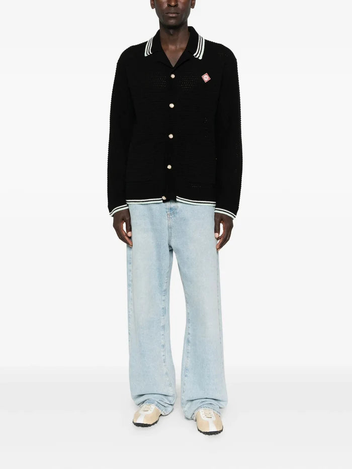 CASABLANCA Embroidered Cotton Crochet Long Sleeve Shirt Black - MAISONDEFASHION.COM