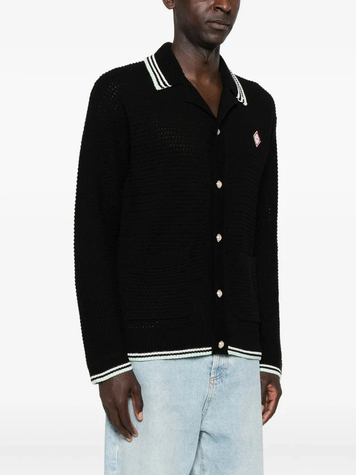 CASABLANCA Embroidered Cotton Crochet Long Sleeve Shirt Black - MAISONDEFASHION.COM