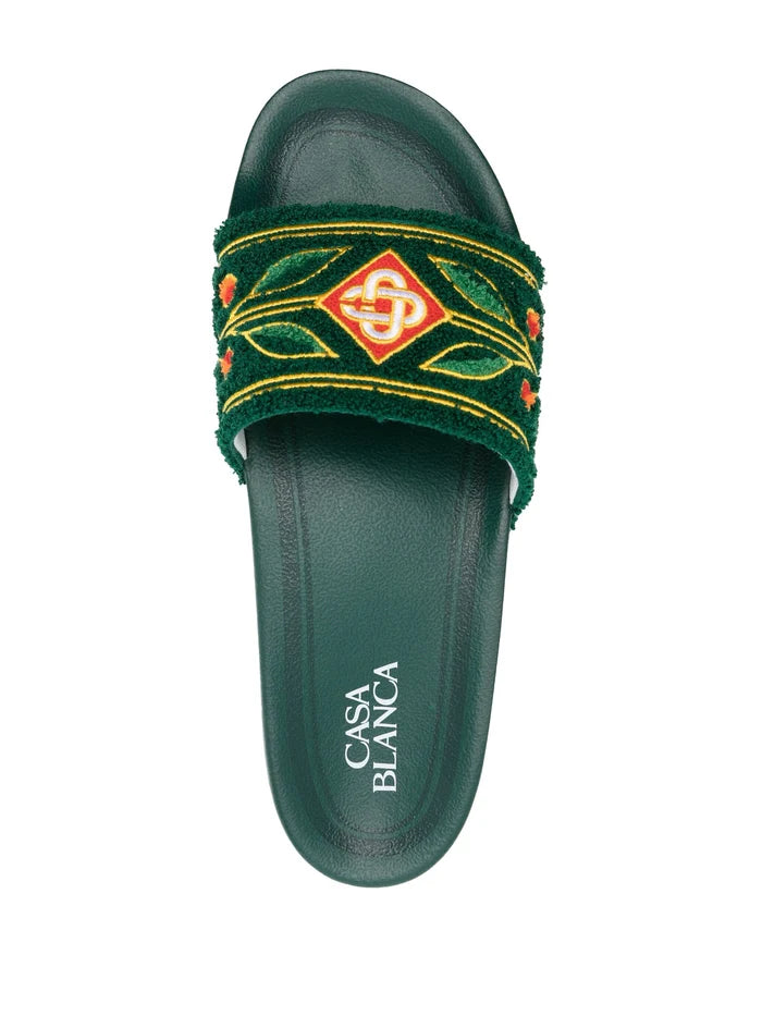 CASABLANCA MEN Embroidered Terry Slider Green - MAISONDEFASHION.COM