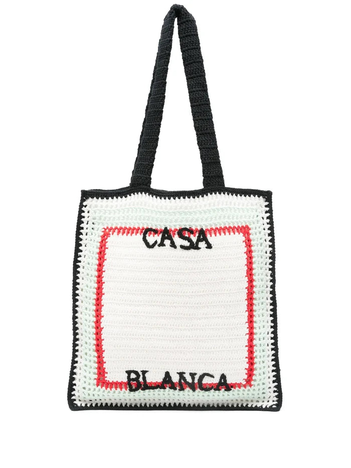 CASABLANCA Logo Embroidered Crochet Bag White - MAISONDEFASHION.COM