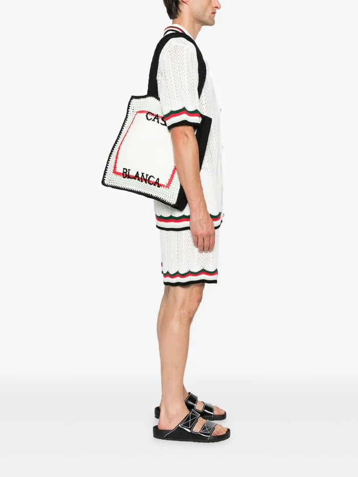 CASABLANCA Logo Embroidered Crochet Bag White - MAISONDEFASHION.COM
