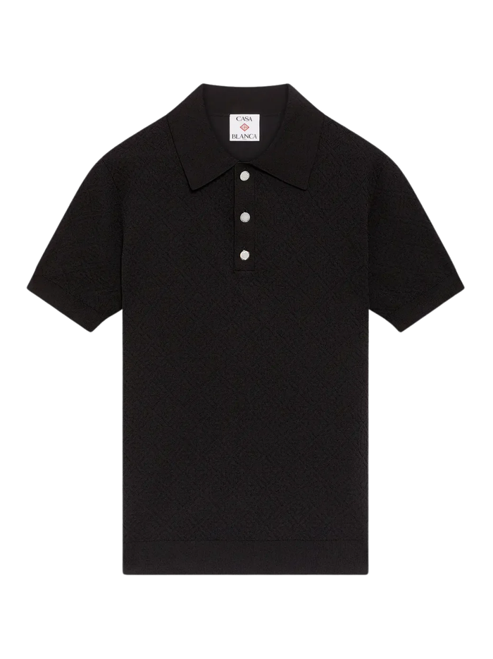 CASABLANCA Pointelle Monogram Short Sleeve Polo Shirt Black - MAISONDEFASHION.COM