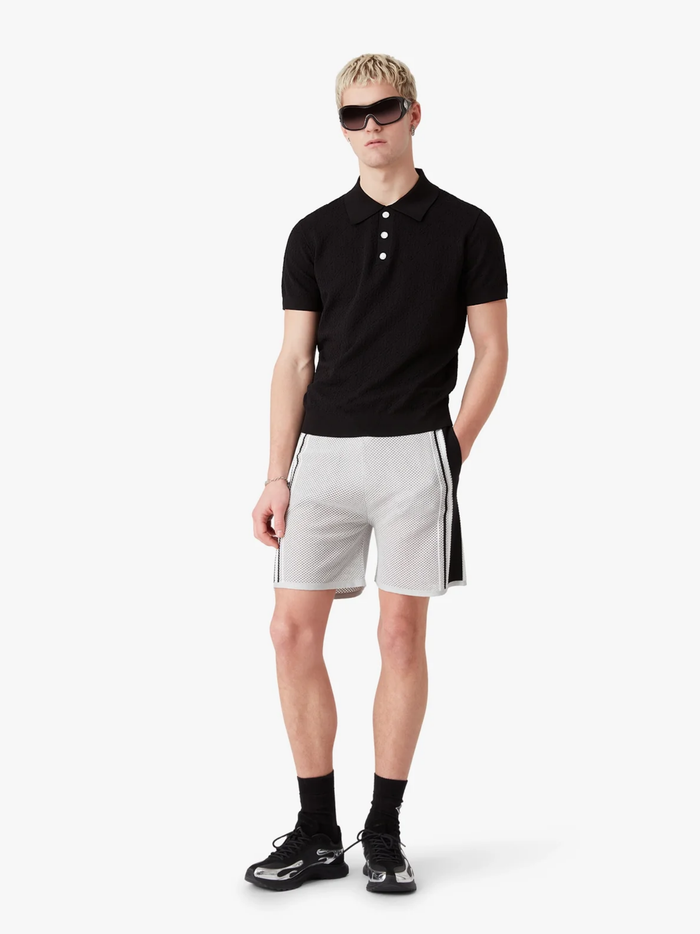 CASABLANCA Pointelle Monogram Short Sleeve Polo Shirt Black - MAISONDEFASHION.COM