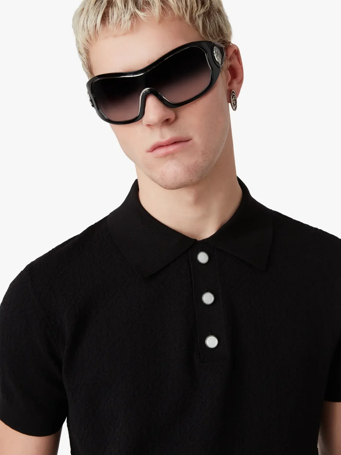 CASABLANCA Pointelle Monogram Short Sleeve Polo Shirt Black - MAISONDEFASHION.COM