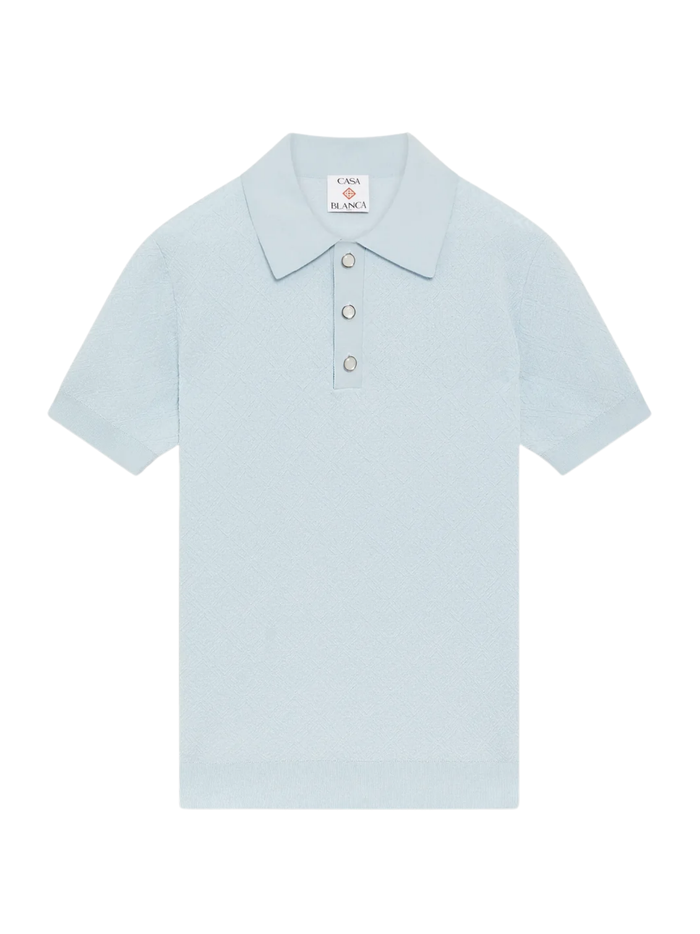 CASABLANCA Pointelle Monogram Short Sleeve Polo Shirt Blue - MAISONDEFASHION.COM