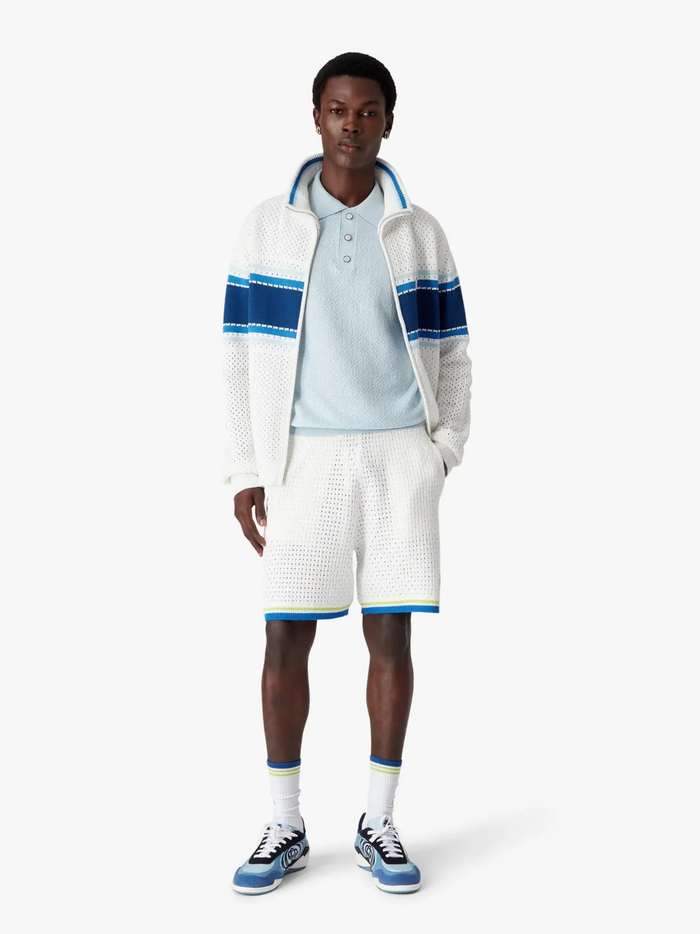 CASABLANCA Pointelle Monogram Short Sleeve Polo Shirt Blue - MAISONDEFASHION.COM