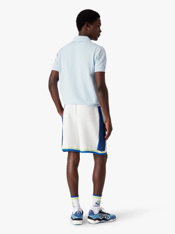 CASABLANCA Pointelle Monogram Short Sleeve Polo Shirt Blue - MAISONDEFASHION.COM