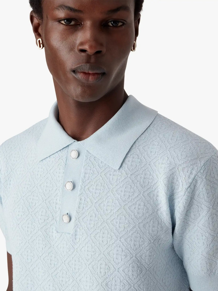 CASABLANCA Pointelle Monogram Short Sleeve Polo Shirt Blue - MAISONDEFASHION.COM