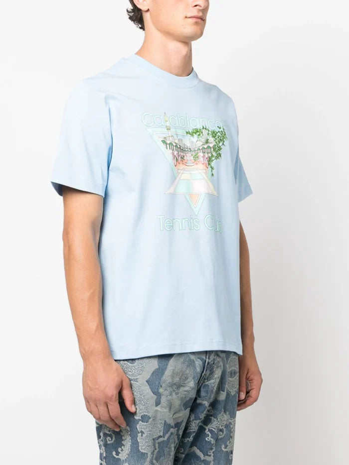 CASABLANCA Tennis Club Icon Pastelle Printed T-Shirt Pale Blue - MAISONDEFASHION.COM