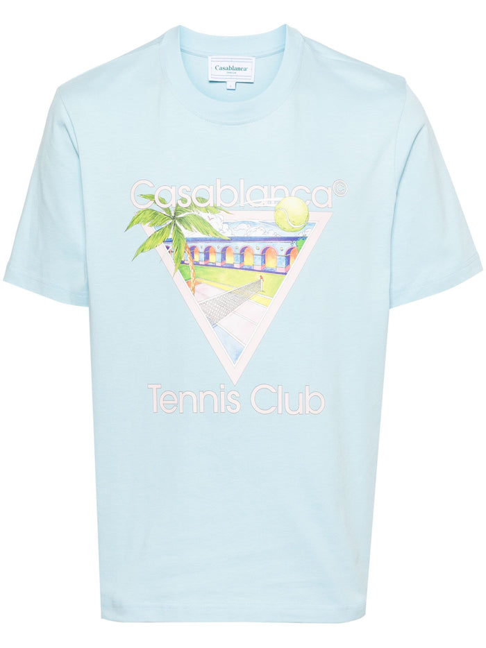 CASABLANCA MEN Tennis Club Icon Screen Printed T-Shirt Pale Blue - MAISONDEFASHION.COM