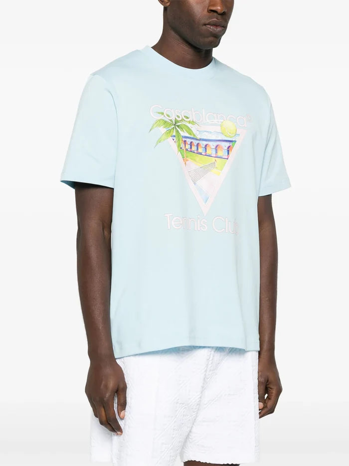 CASABLANCA MEN Tennis Club Icon Screen Printed T-Shirt Pale Blue - MAISONDEFASHION.COM