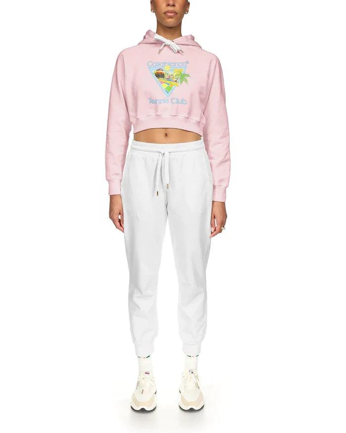 CASABLANCA WOMEN Afro Cubism Tennis Club Printed Cropped Hoodie Pale Pink - MAISONDEFASHION.COM