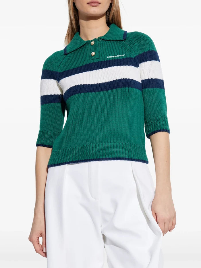 CASABLANCA WOMEN Colour Block Polo Shirt Green/Navy - MAISONDEFASHION.COM