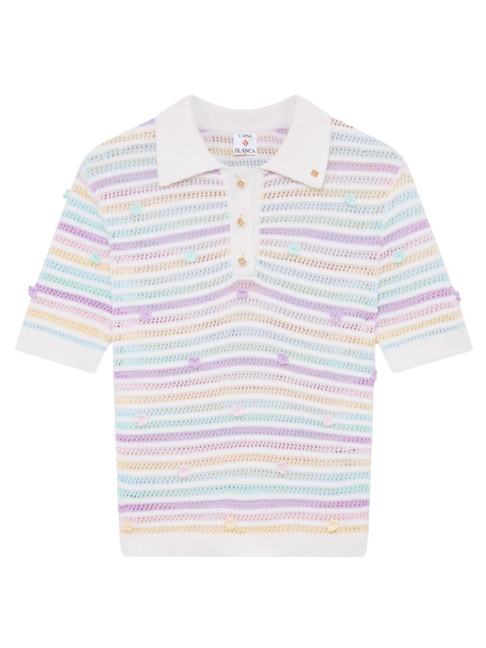 CASABLANCA WOMEN Flower Stripe Cotton Crochet Polo White/Multicolour - MAISONDEFASHION.COM