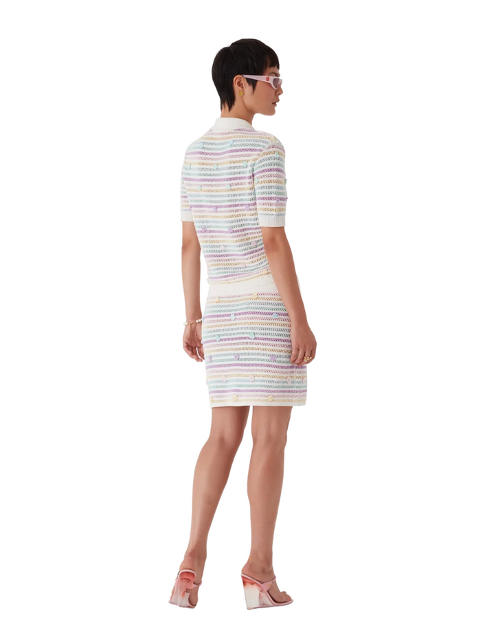 CASABLANCA WOMEN Flower Stripe Cotton Crochet Polo White/Multicolour - MAISONDEFASHION.COM