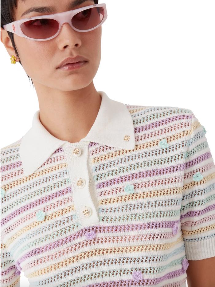 CASABLANCA WOMEN Flower Stripe Cotton Crochet Polo White/Multicolour - MAISONDEFASHION.COM