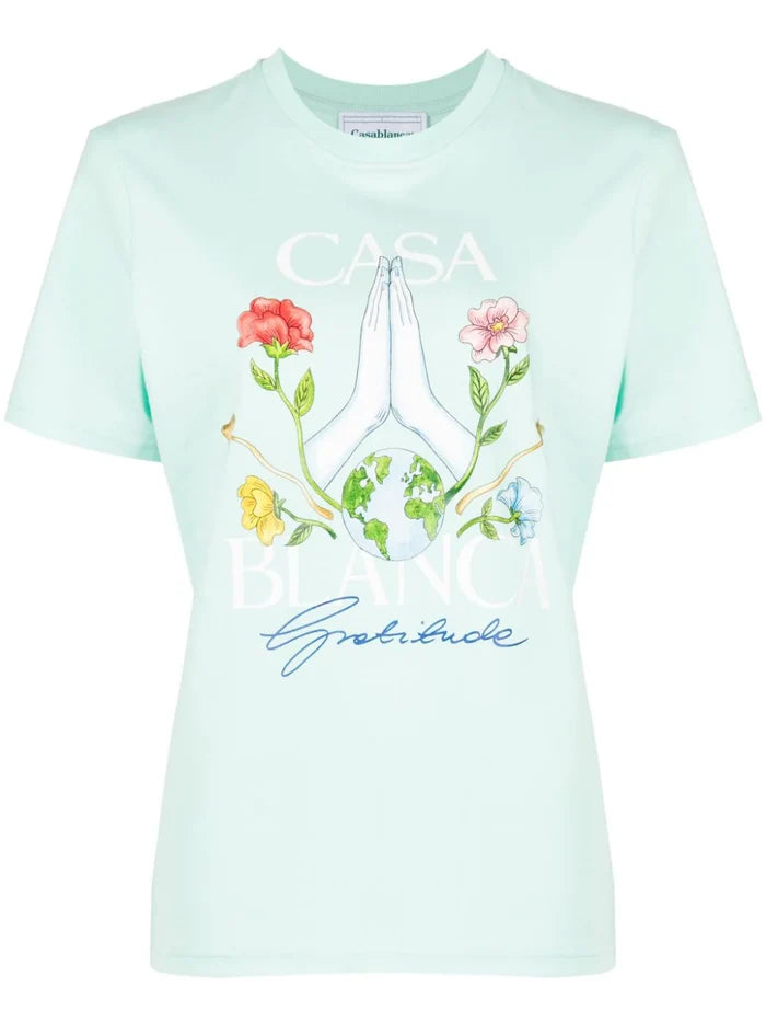 CASABLANCA WOMEN Gratitude Printed Organic Cotton T-Shirt Mint - MAISONDEFASHION.COM
